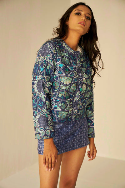 Blue- Short Appliqué Embroidered Shibori Jacket