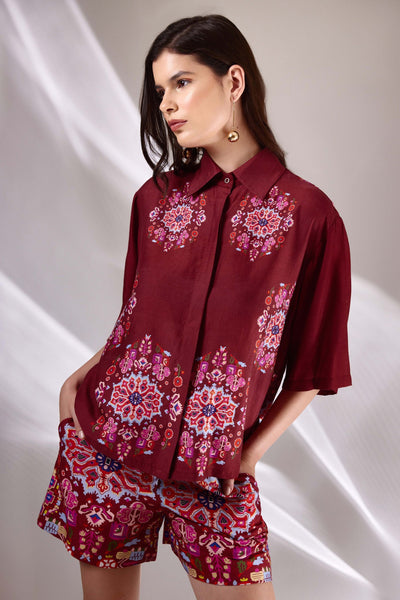 Kashan Red Print Cropped Shirt in Handloom Organic Banana Silk, BeTrue, Be True