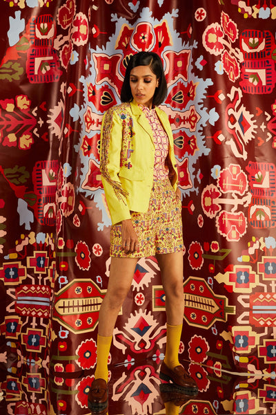 Tabriz yellow fitted blush pink shirt, print shorts and fringe jacket in organic cotton silk, BeTrue, Be True