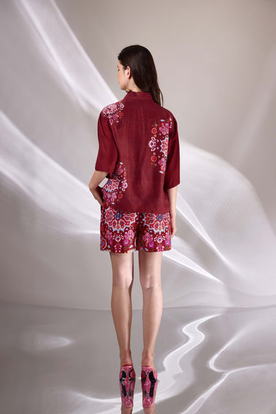 Kashan Red Print Cropped Shirt in Handloom Organic Banana Silk, BeTrue, Be True