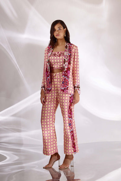 Blush Pink Mix Print Hand Embroidered Bustier, Blazer & Pants in Handloom Organic Cotton And Banana Silk, BeTrue, Be True