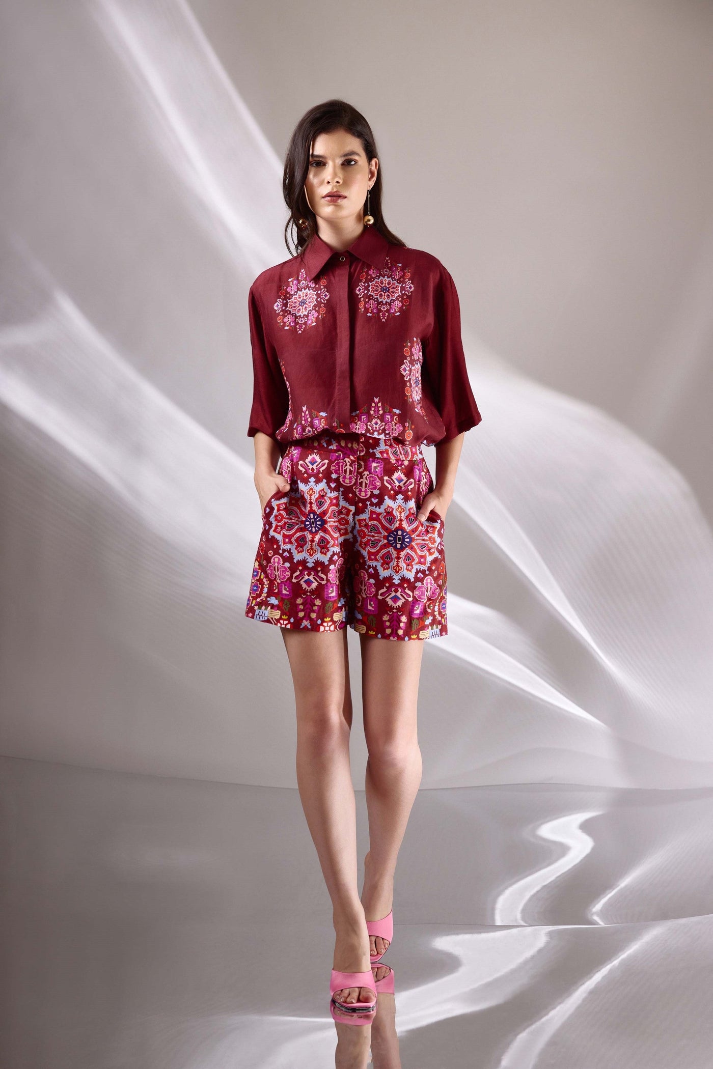 Kashan Red Print Cropped Shirt in Handloom Organic Banana Silk, BeTrue, Be True