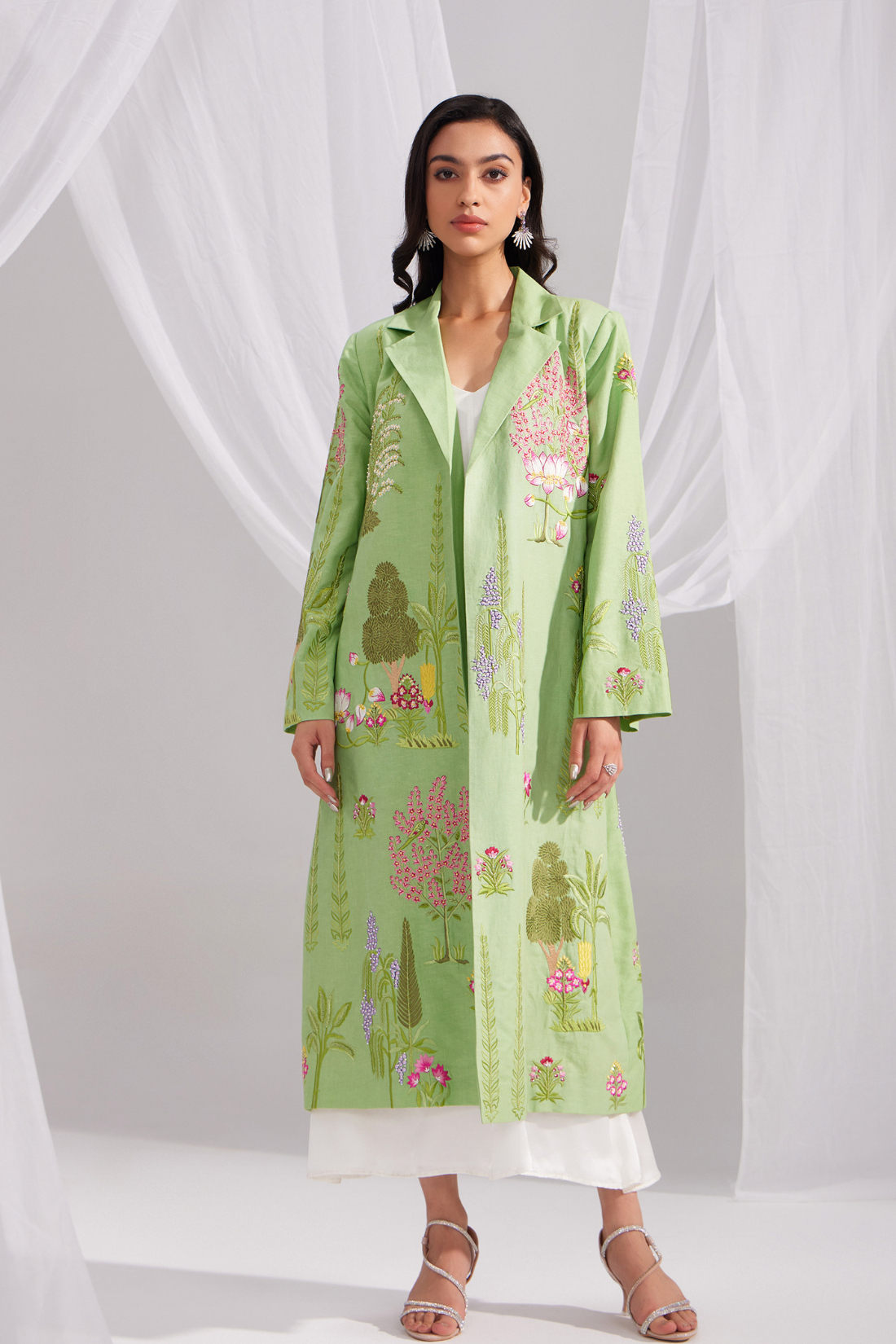 Green Linen Enchanted Garden Long Jacket