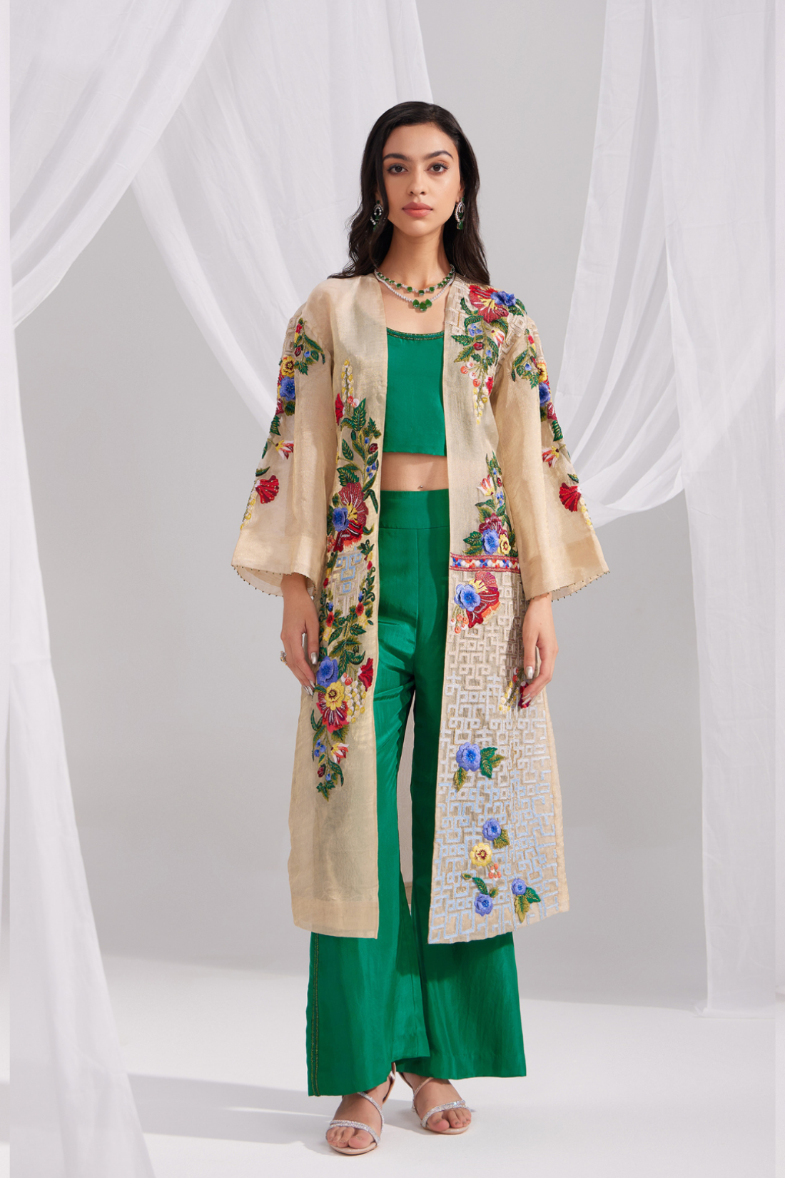 Golden Organza Jewel Embroidered Jacket Set