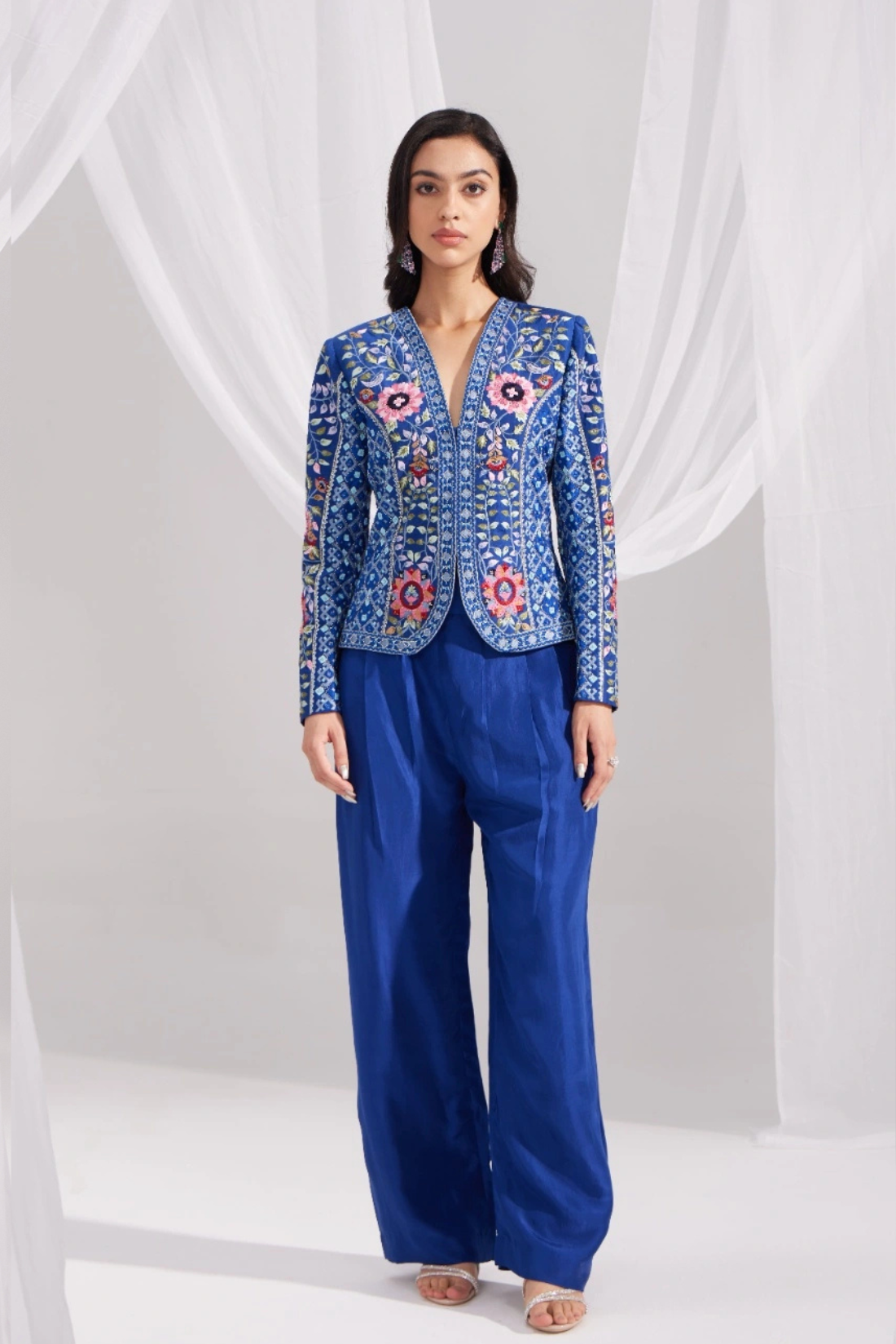 Royal Blue Gardenia Short Embroidered Silk Jacket