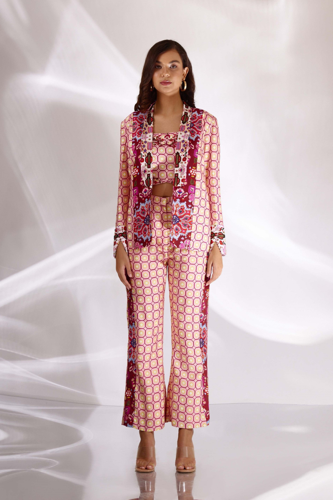 Blush Pink Mix Print Hand Embroidered Blazer