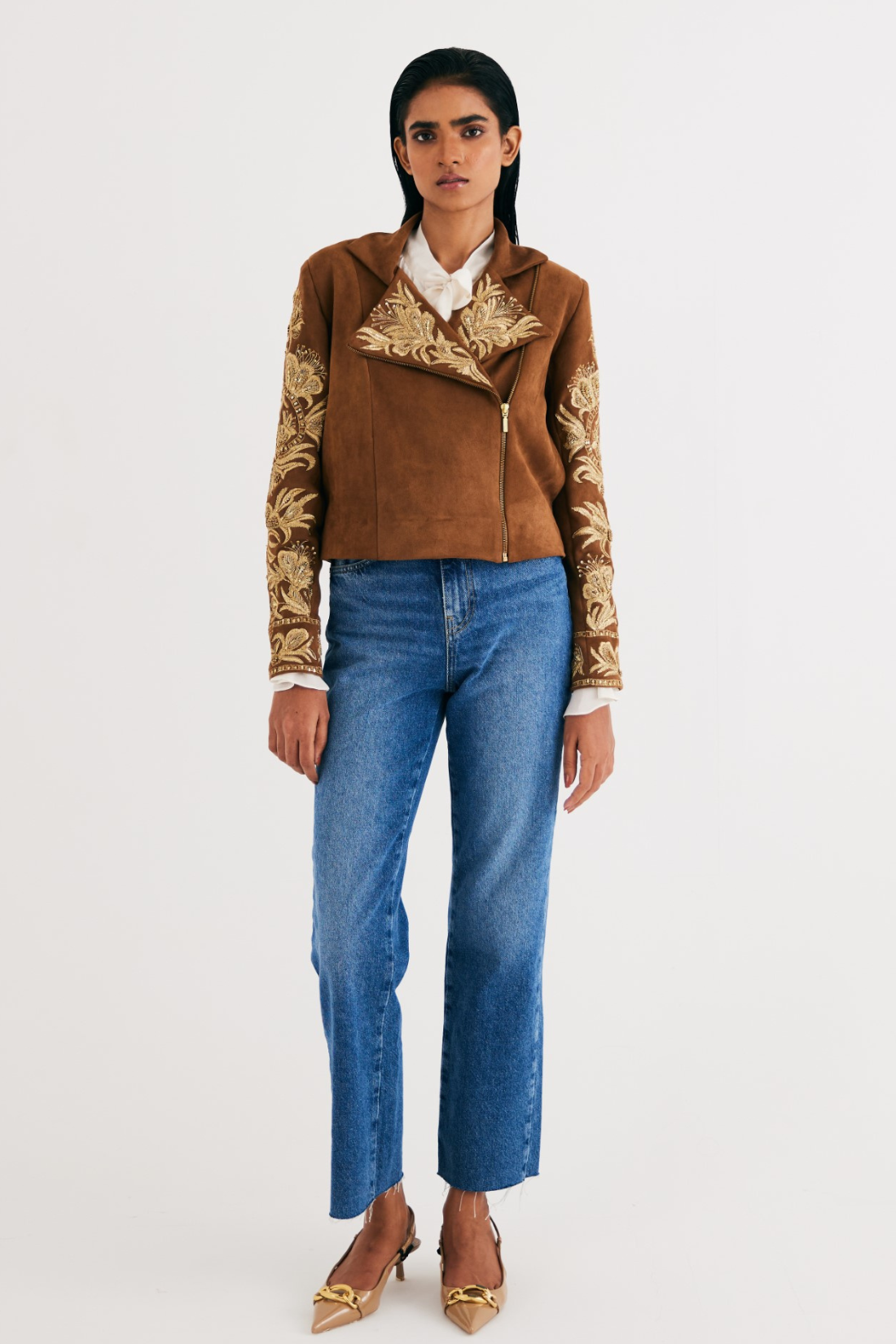 Brown Suede Embroidered Biker Jacket