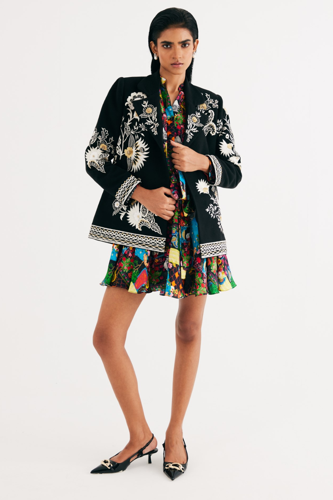 Black Embroidered Floral Wool Jacket