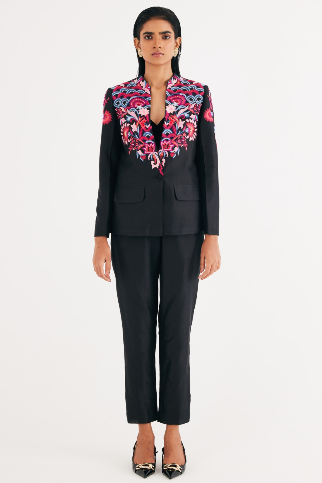 Black Silk Chanderi Floral Embroidered Jacket