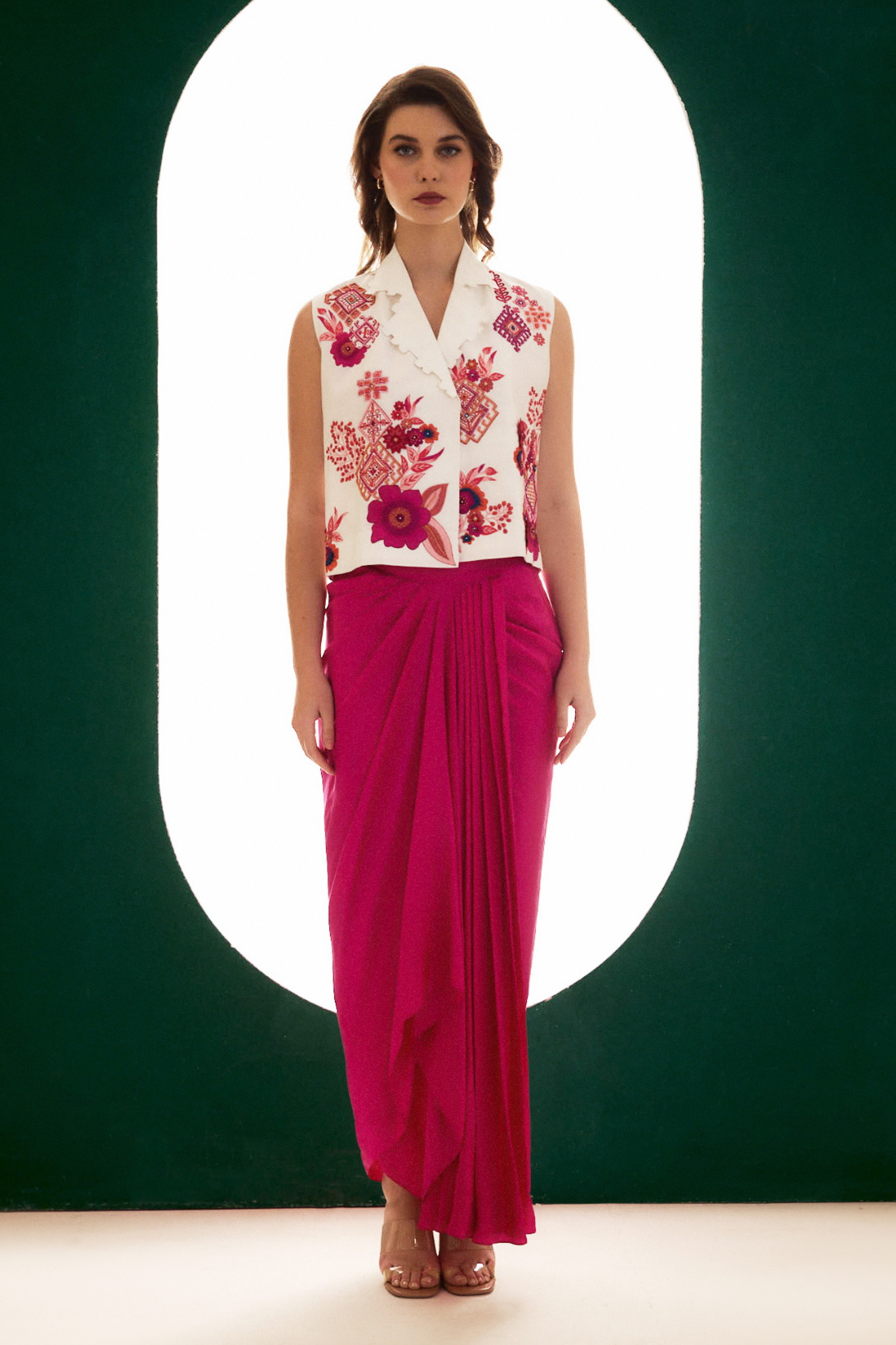 White Embroidered Linen Auspicious Waistcoat And Skirt Set