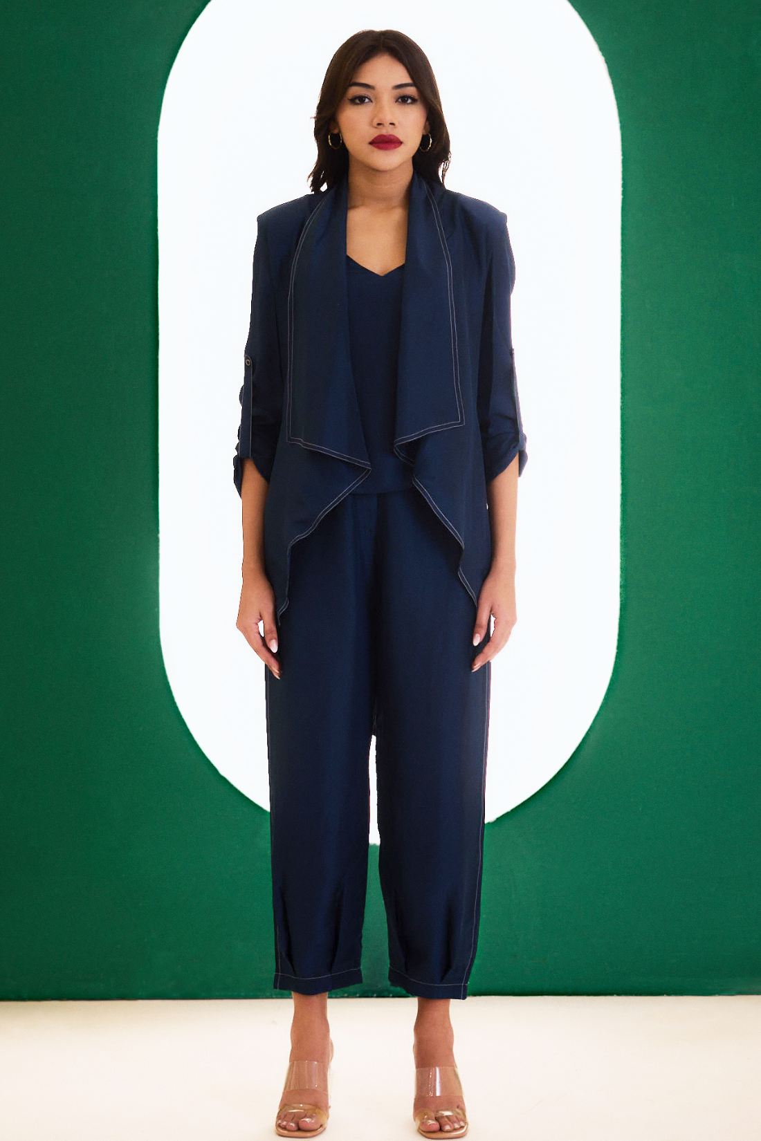 Midnight Blue Optimist Silk Jacket, Bustier, Pant Set