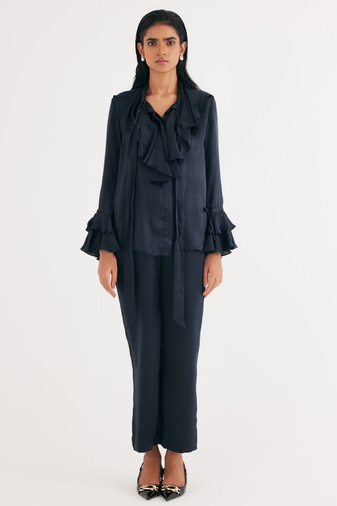 Black Satin Silk Ruffle Shirt and Straight Pants Set