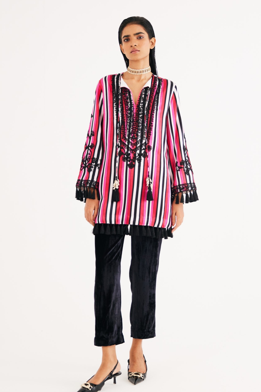 Rani Pink Stripe Mashroo Satin Embroidered Tunic and Black Narrow Pants Set