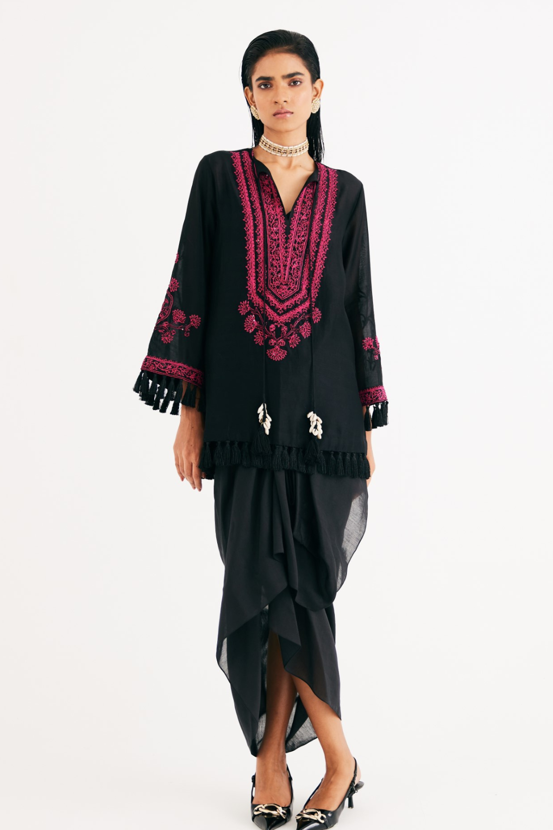Black Silk Chanderi Embroidered Kurta and Drape Skirt Set