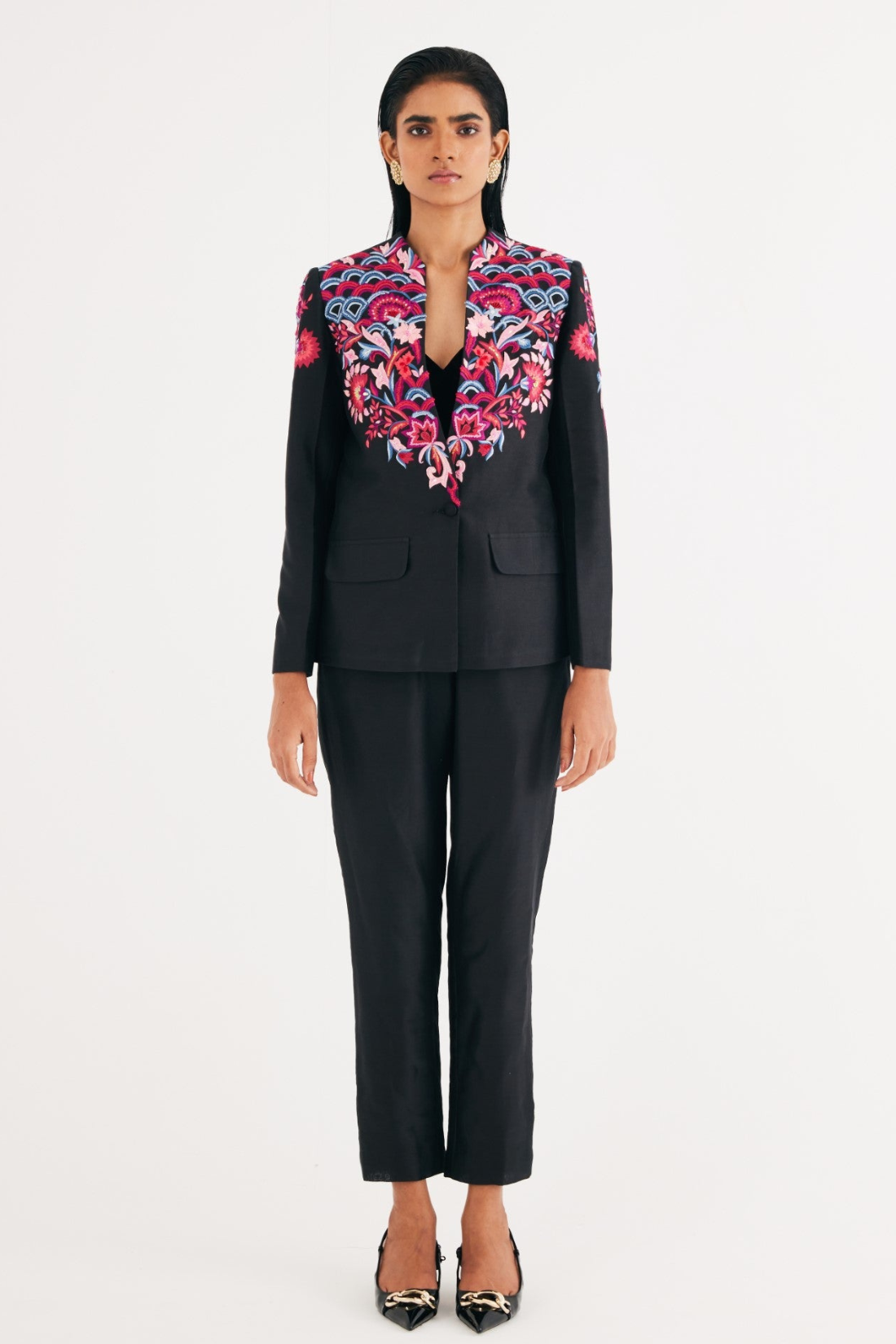 Black Silk Chanderi Floral Embroidered Jacket, Spaghetti Top and Narrow Pants Set