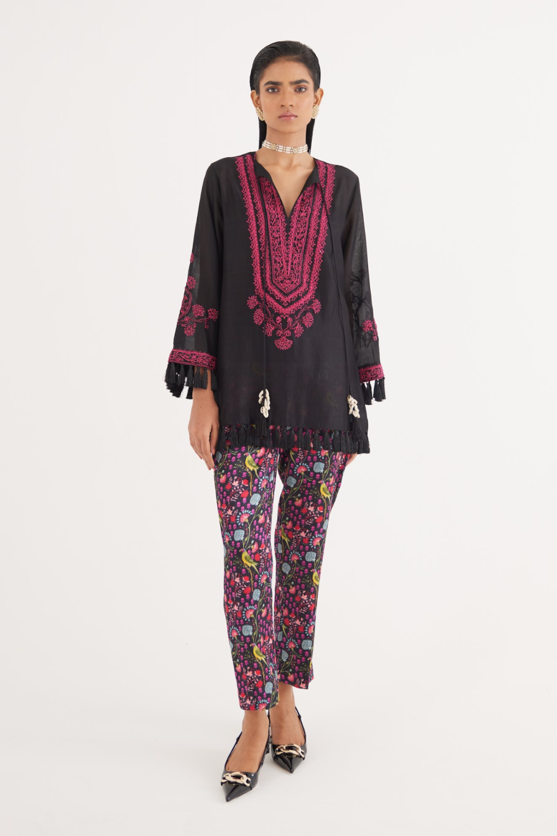 Black Silk Chanderi Embroidered Kurta and Black Mashroo Parrot Print Pant Set