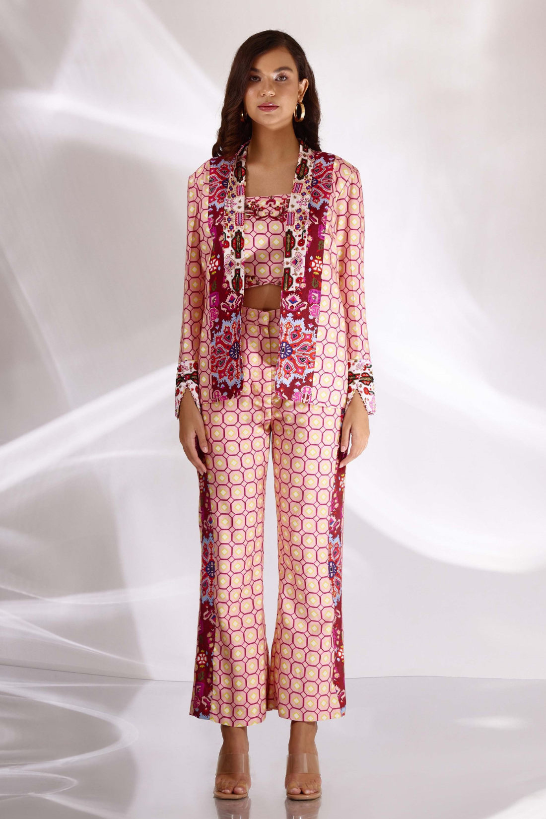 Blush Pink Mix Print Hand Embroidered Bustier, Blazer & Pants In Handloom Organic Cotton And Banana Silk