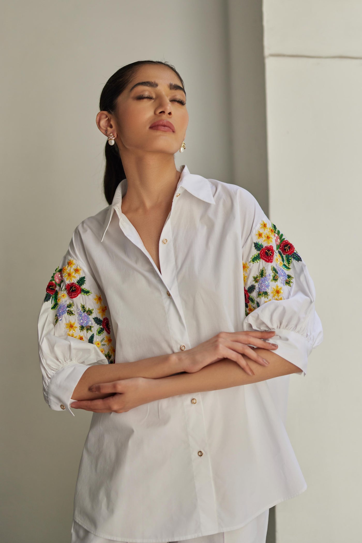 White Floral Bouquet Embroidered Shirt