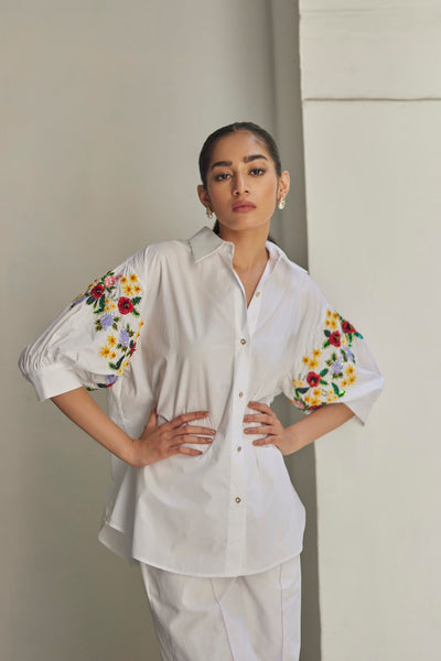 White Bouquet Floral Hand Embroidered Shirt And Pant Set