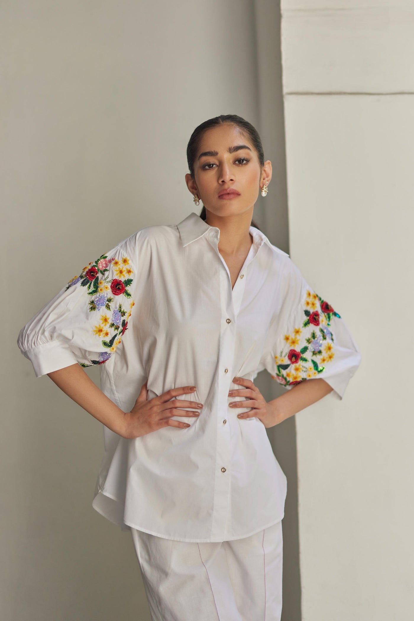 White Floral Bouquet Embroidered Shirt