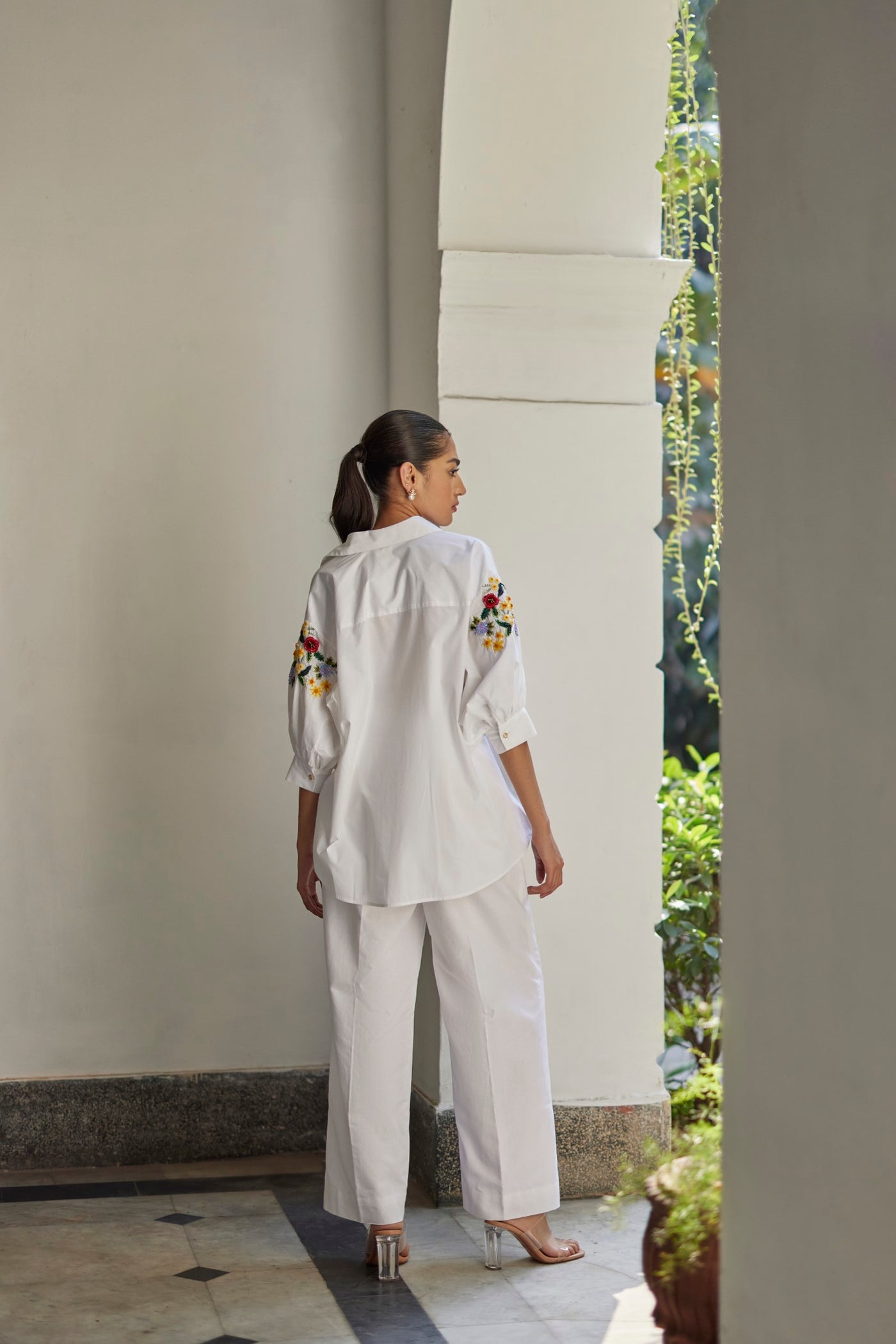 White Bouquet Floral Hand Embroidered Shirt And Pant Set