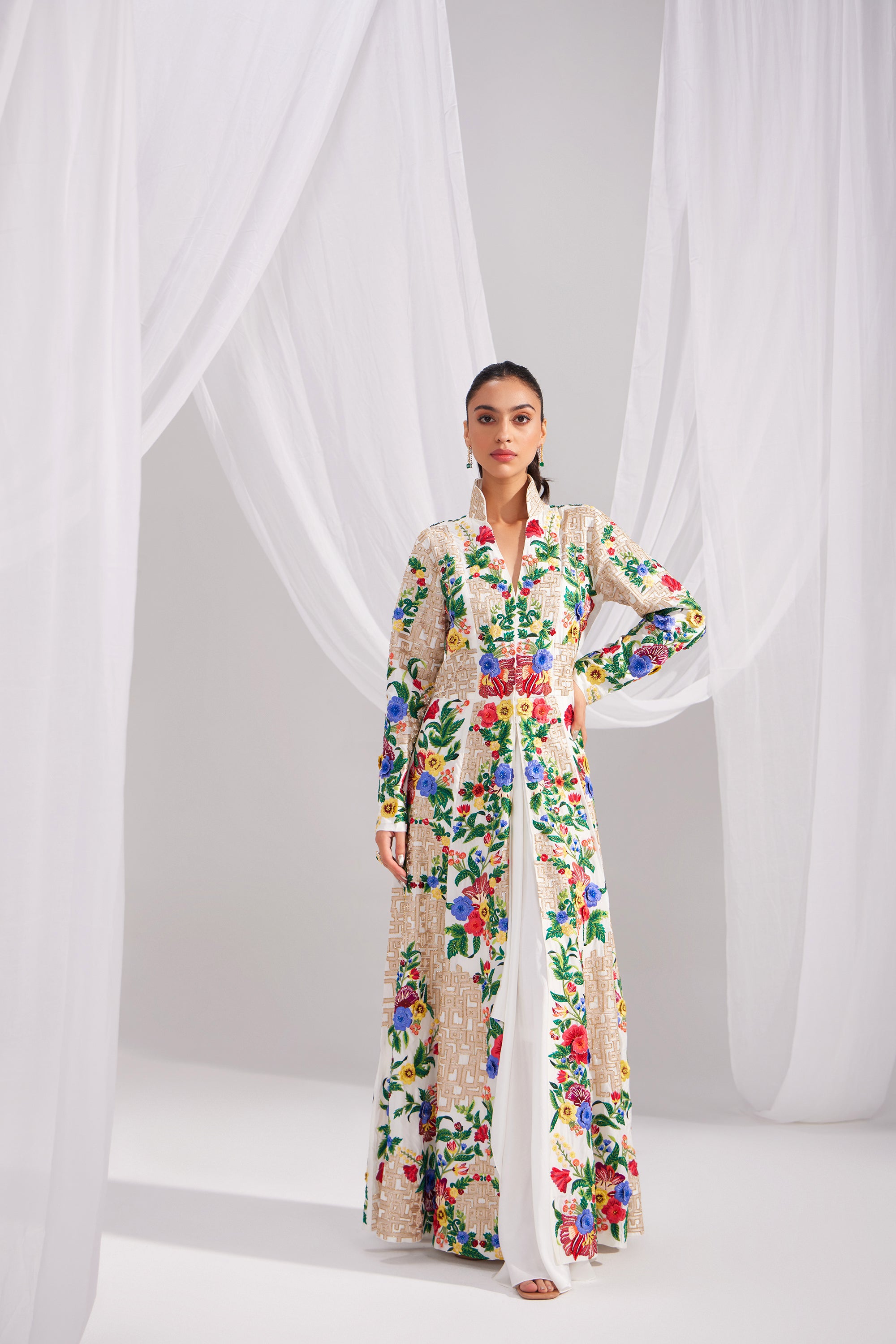 White Imperial Long Embroidered Jacket Dress & Pearl White Pure Silk Draped Skirt Set