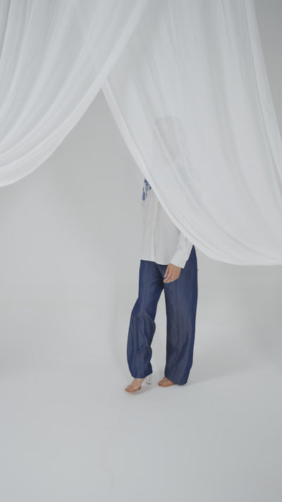 White Moroccan Embroidered Shirt & Denim Tencel Straight Everyday Pant Set