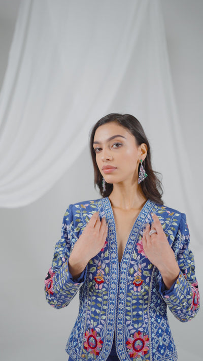 Royal Blue Embroidered Silk Jacket & Pleated Pant Set