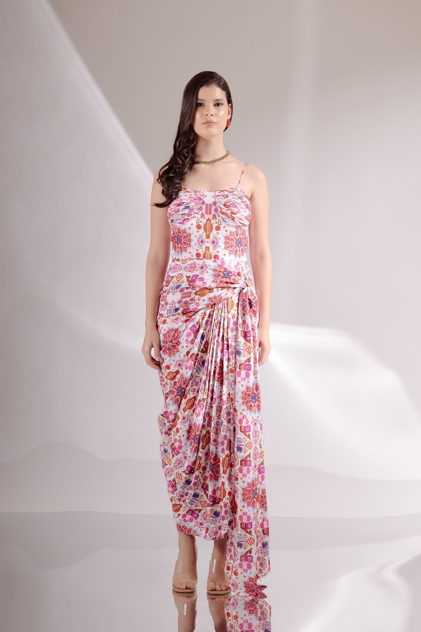 White Kashan Print Banana Silk Spaghetti Draped Dress