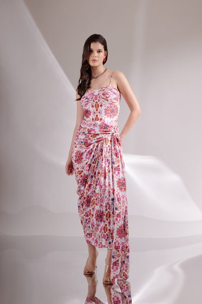 White Kashan Print Banana Silk Spaghetti Draped Dress