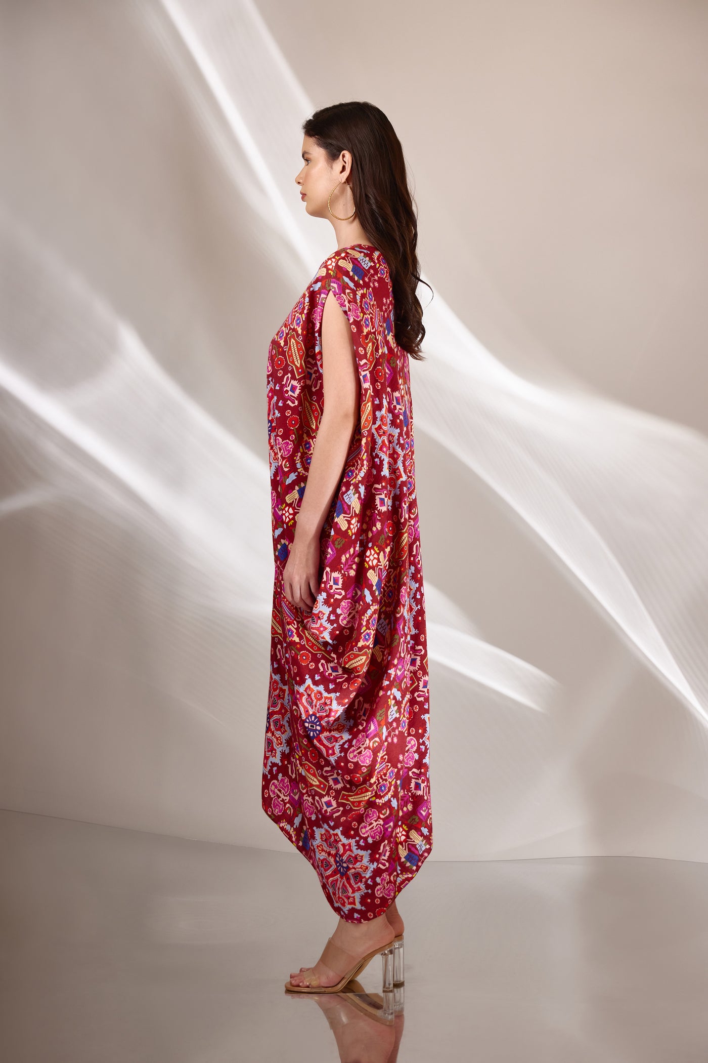 Red Kashan Print Drape Off Shoulder Cowl Dress