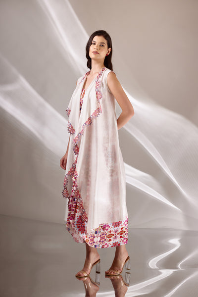 White Chanderi Silk Long Embroidered Cape Jacket