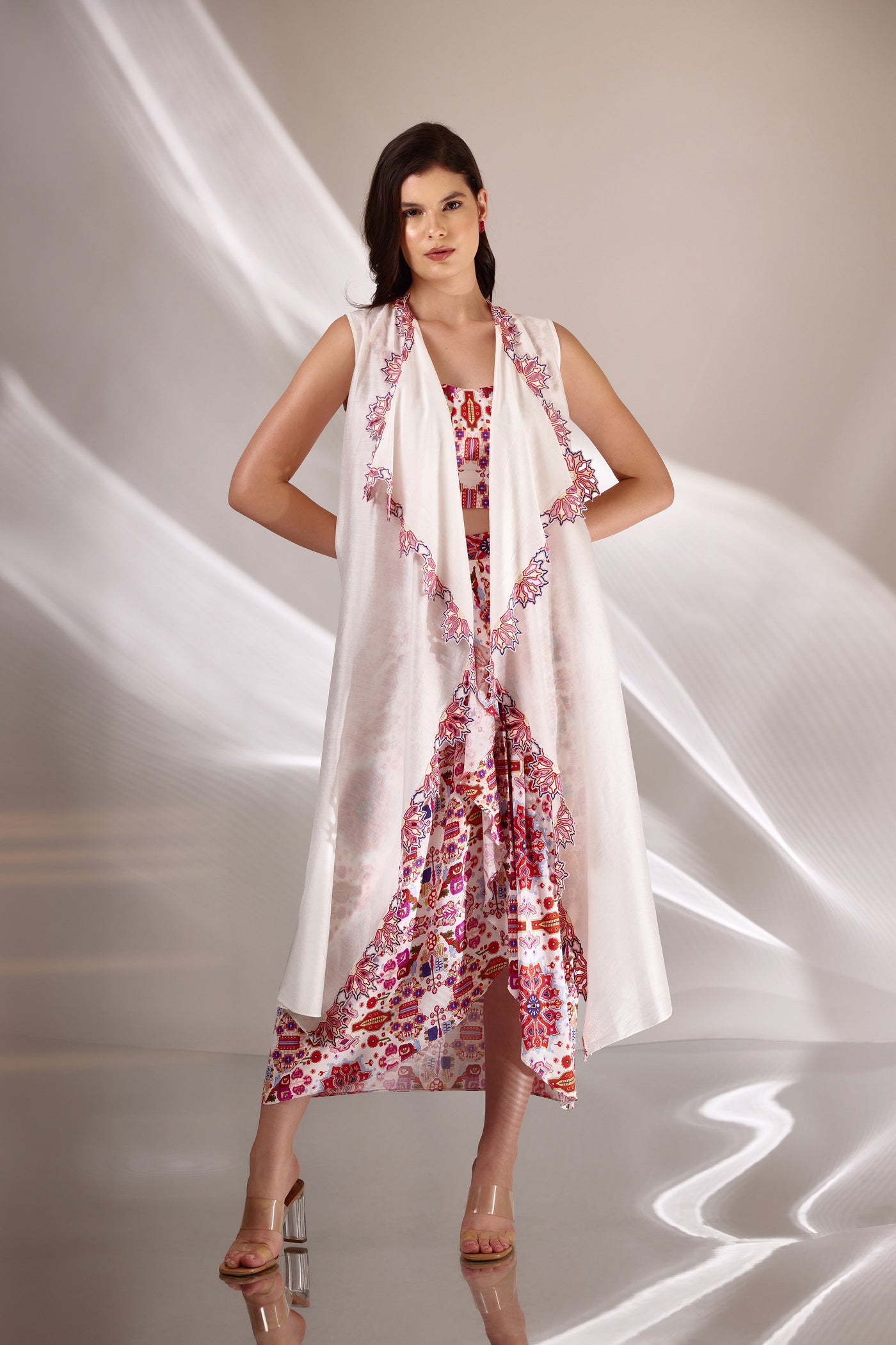 White Chanderi Silk Long Embroidered Cape Jacket