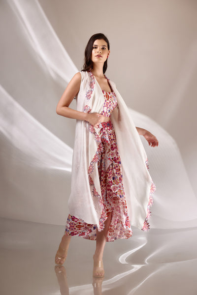 White Chanderi Silk Long Embroidered Cape Jacket