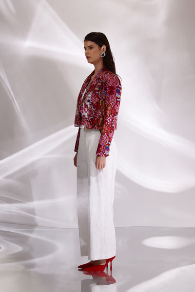 Kashan White And Red Print Hand Embroidered Biker Jacket In  Handloom Organic Cotton And Banana Silk, BeTrue, Be True