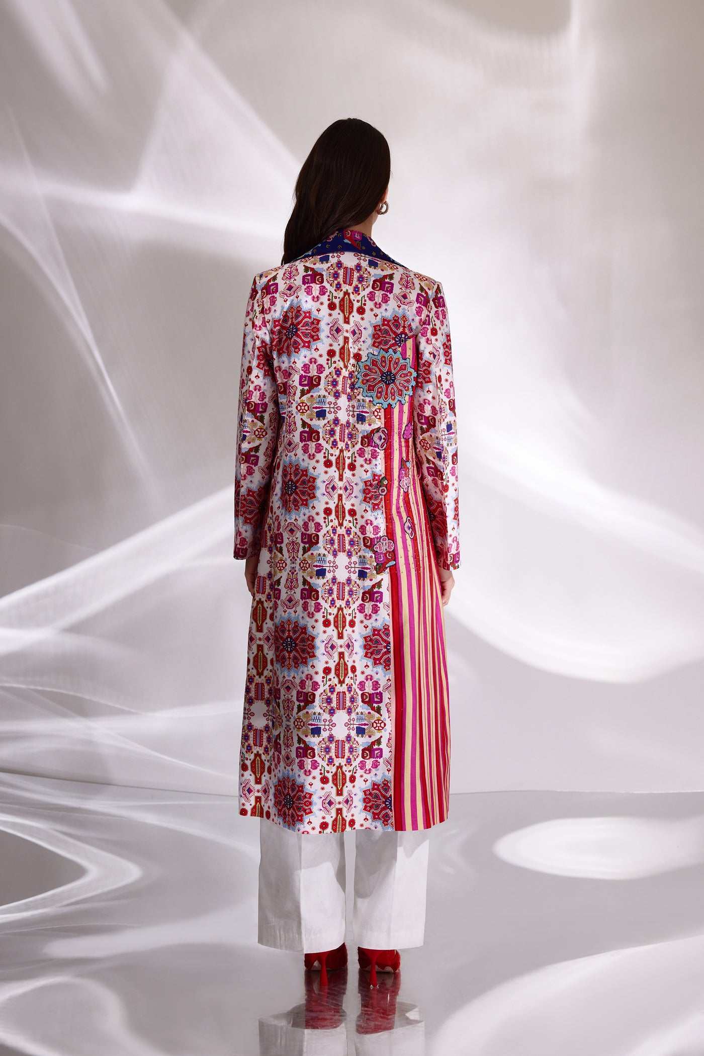 Mix Print Hand Embroidered Long Trench in Handloom Organic Cotton and Banana Silk, BeTrue, Be True