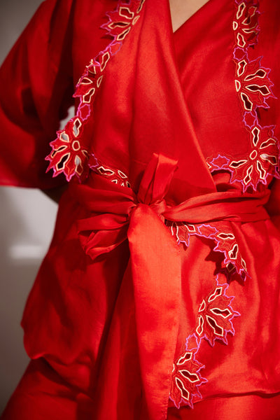 Red Chanderi Silk Embroidered Shacket And Culottes Set