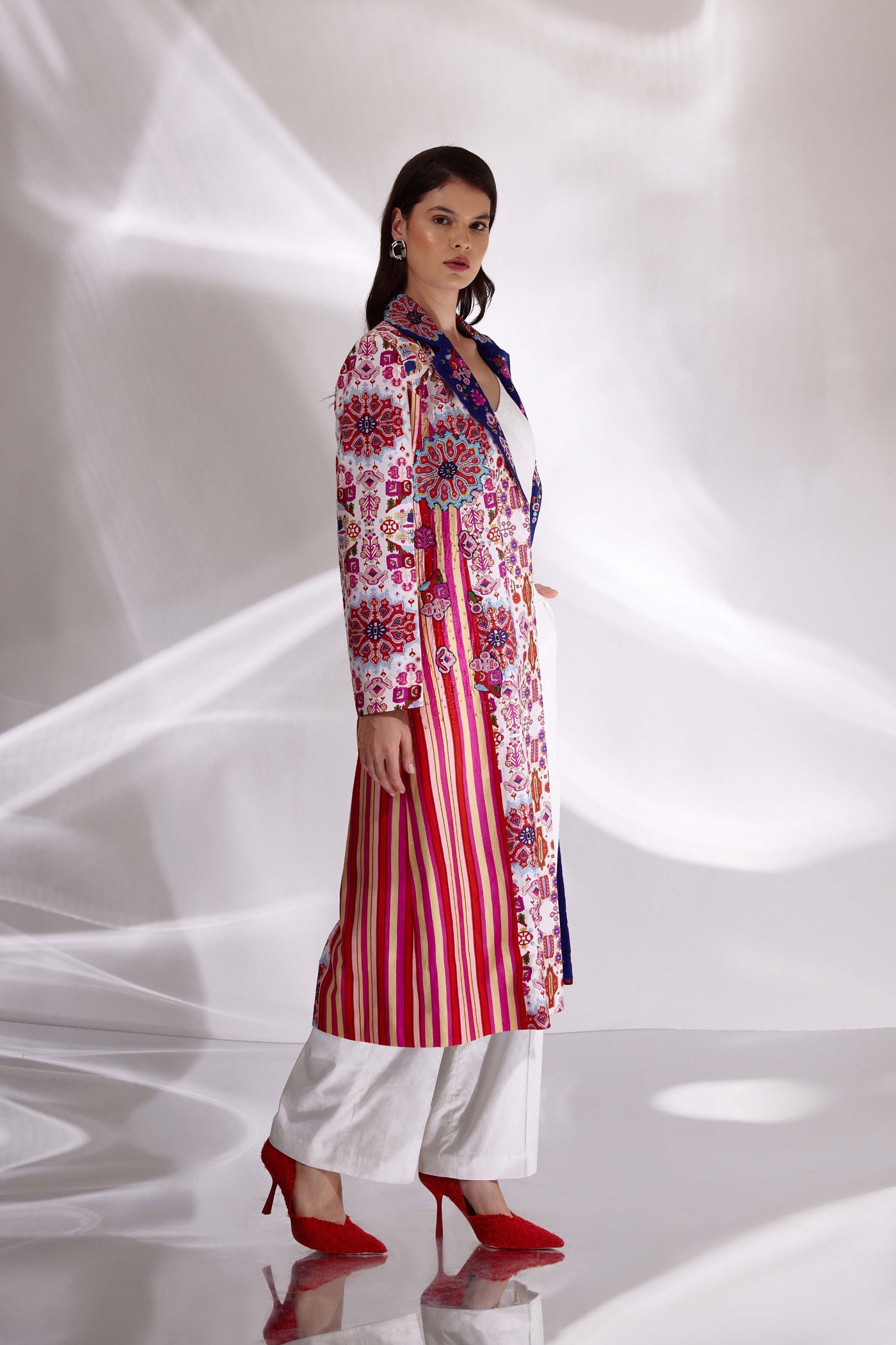 Mix Print Hand Embroidered Long Trench in Handloom Organic Cotton and Banana Silk, BeTrue, Be True