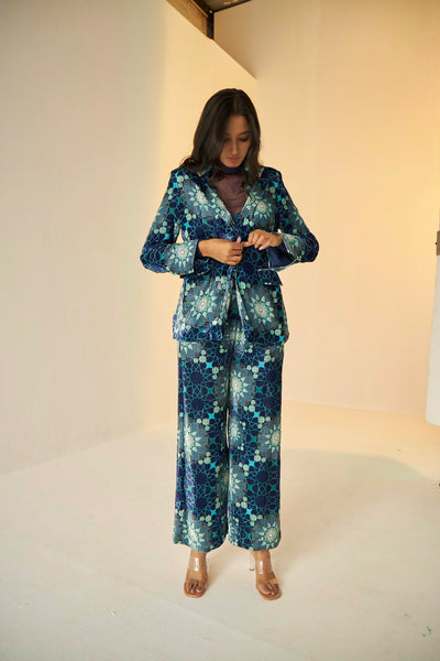 Blue- Tashkent Velvet Jacket And Pants Set With Bustier And Net Top, BeTrue, Be True