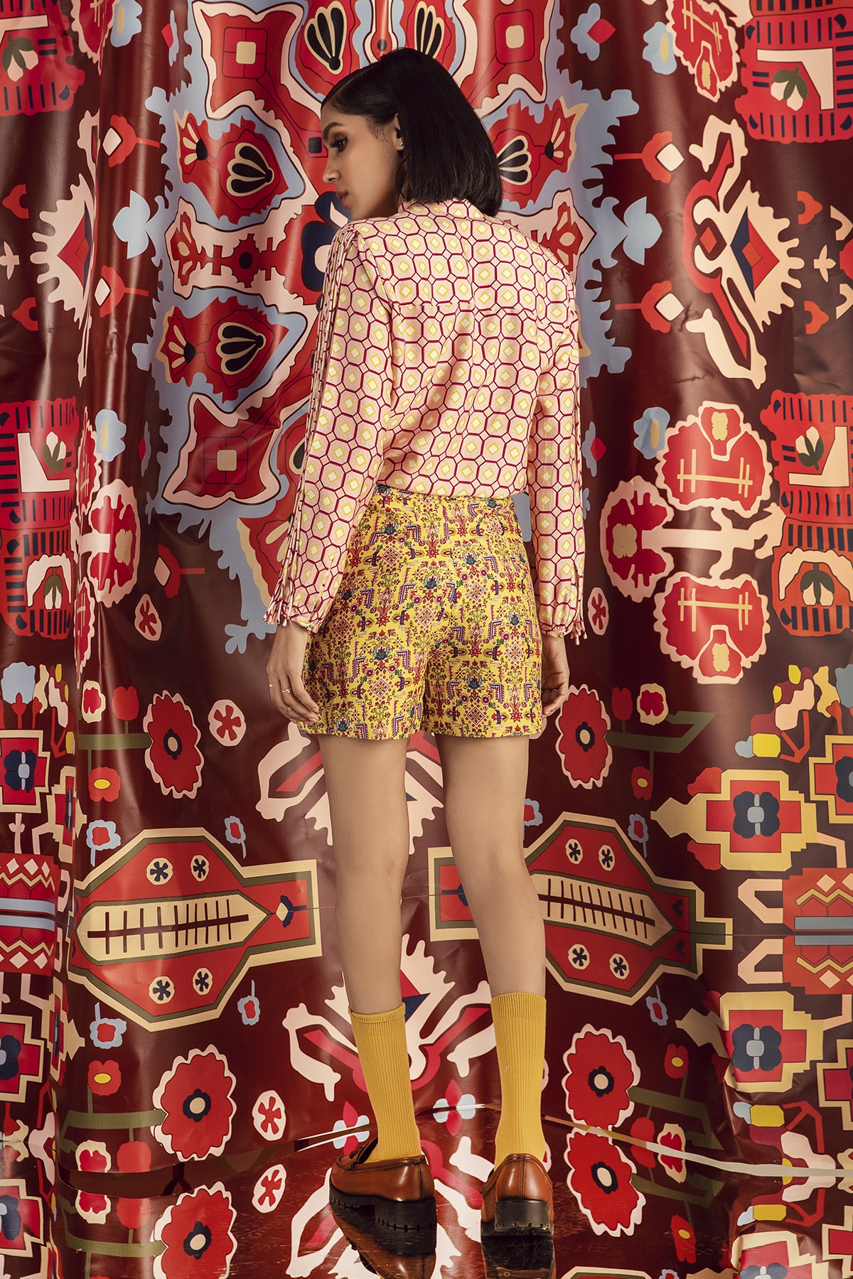 Tabriz Yellow Print Shorts in Organic Cotton Silk, Persian print in organic handloom cotton silk fabric with a soft mulmul lining, BeTrue, Be True