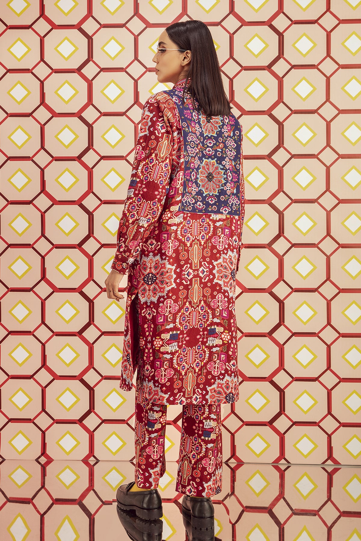 Kashan Red Print Hand Embroidered Long Shirt  & Pants in Handloom Organic Herringbone Cotton, BeTrue, Be True