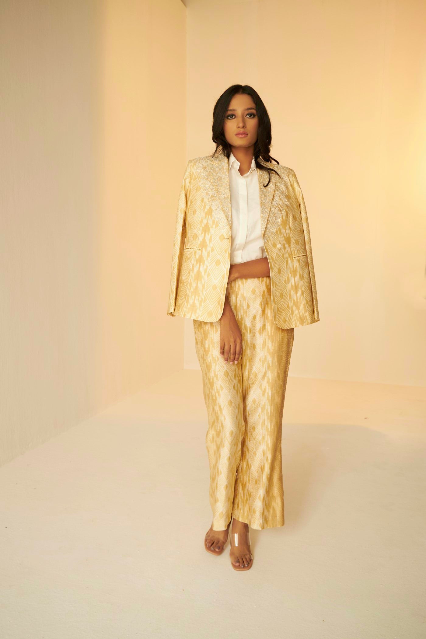 Beige Golden- Classic Blazer And Pants Set In Golden Shibori, a regular fit blazer with delicate Resham embroidery suitable for all ages and sizes, BeTrue, Be True