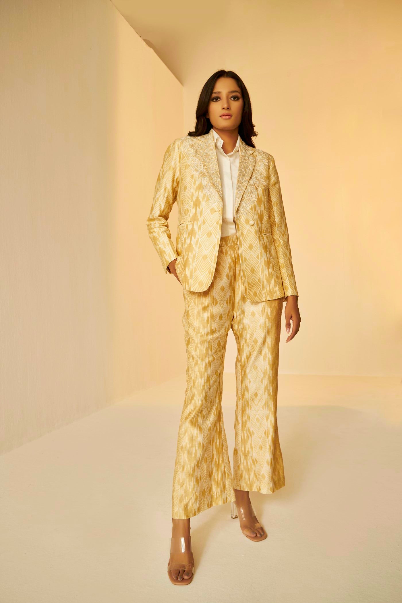 Beige Golden- Classic Blazer And Pants Set In Golden Shibori, a regular fit blazer with delicate Resham embroidery suitable for all ages and sizes, BeTrue, Be True