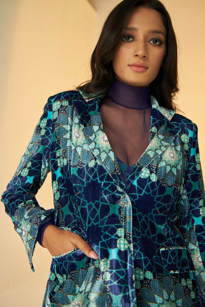 Blue- Tashkent Velvet Jacket And Pants Set With Bustier And Net Top, BeTrue, Be True