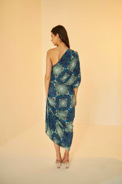 Blue- Tashkent Print Drape Dress, created print inspired by the architecture of Uzbekistan, pure crepe silk fabric, BeTrue, Be True