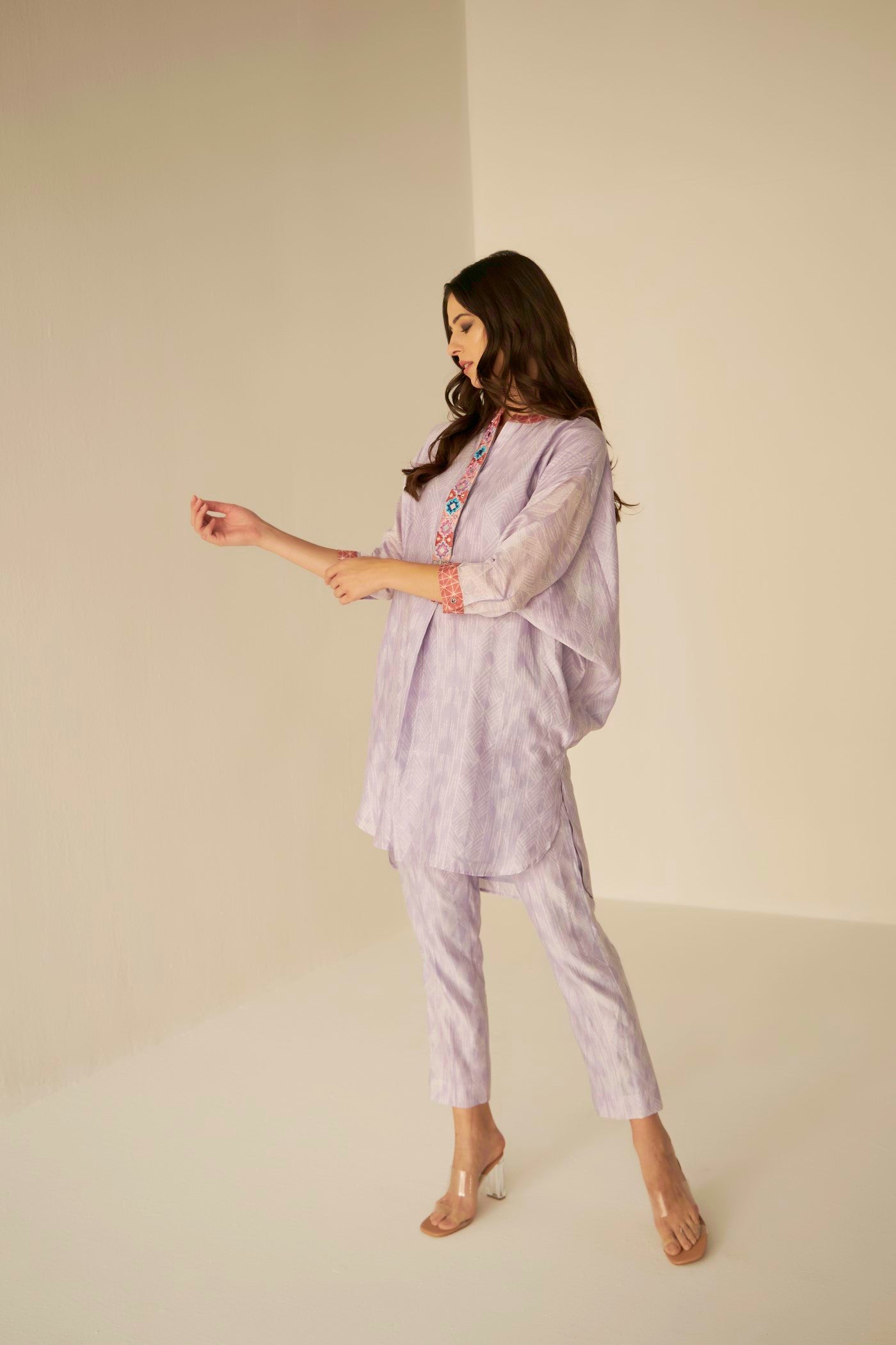 Lilac-Bat Sleeves Embroidered Shibori Shirt And Pant Set, aesthetic and looks amazing on all body shapes, BeTrue, Be True