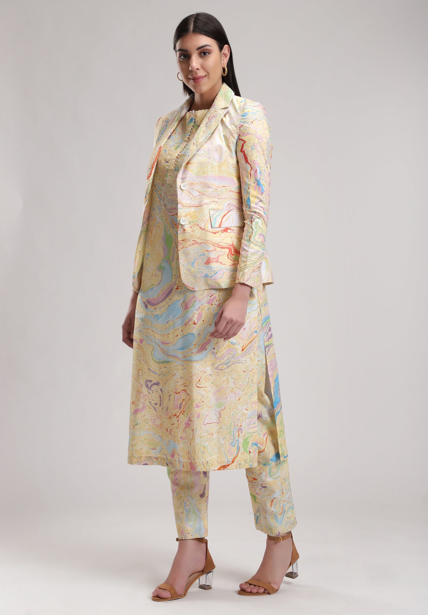 Yellow Signature Moire Blazer, Delicate bead embroidery on the collar and handcrafted marble print on silk makes this jacket one of a kind, BeTrue, Be True