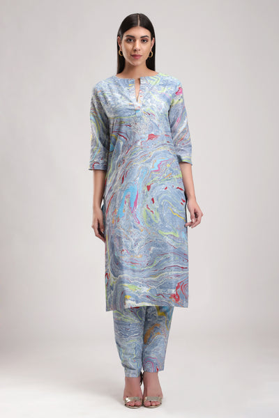 The Blue Inde Marble Tunic Set, silk organza dupatta for a festive touch, BeTrue, Be True