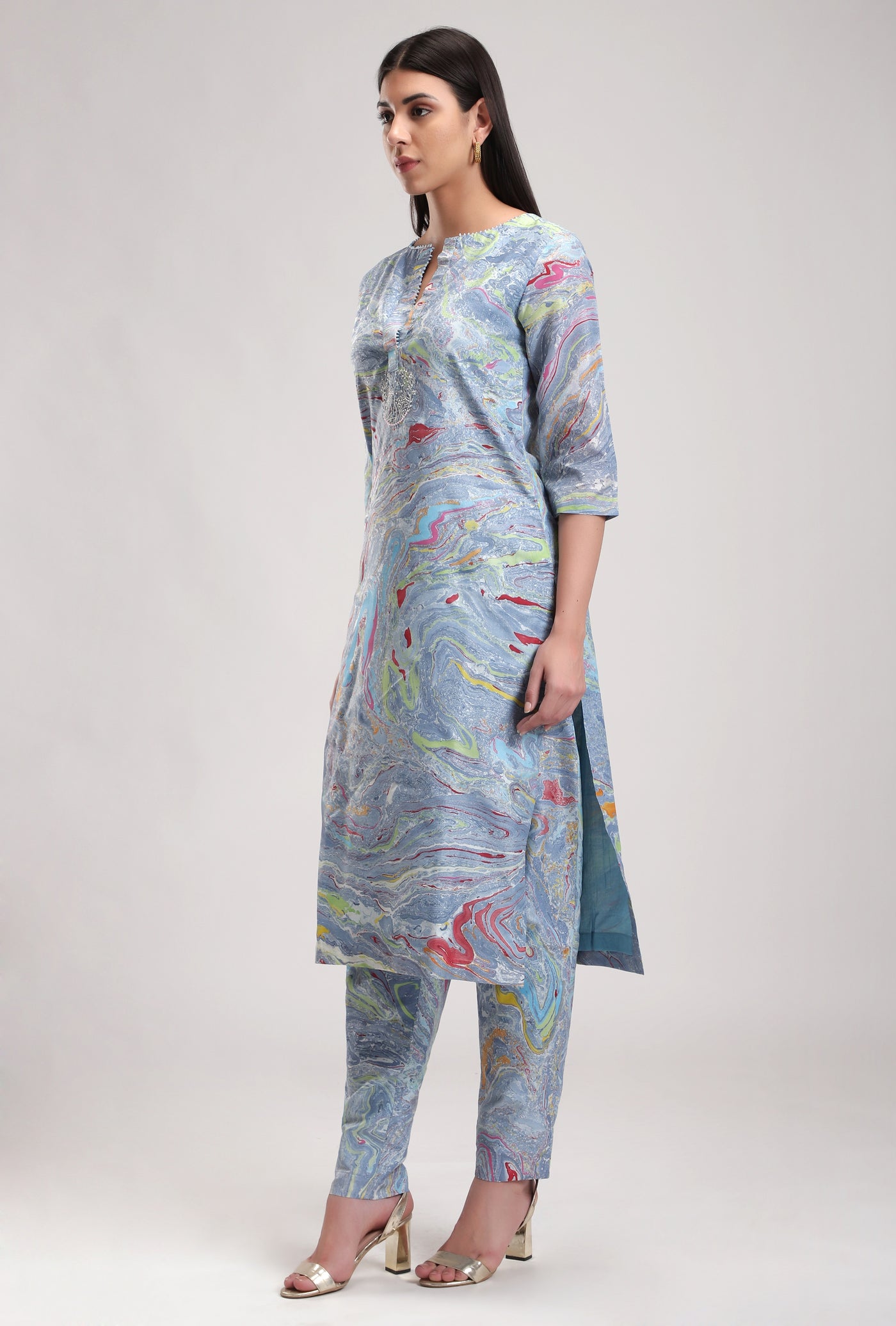 The Blue Inde Marble Tunic Set, silk organza dupatta for a festive touch, BeTrue, Be True