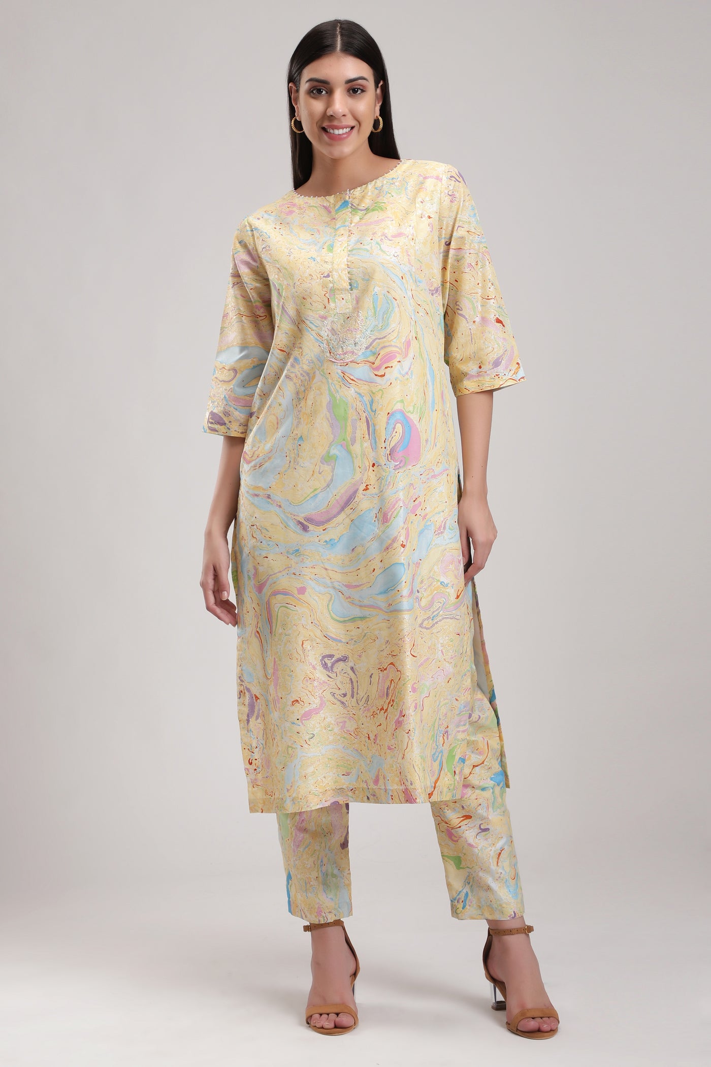 The Yellow Inde Marble Tunic Set, This marbled kurta is a classic, 100% Silk Hand Embroidery, BeTrue, Be True